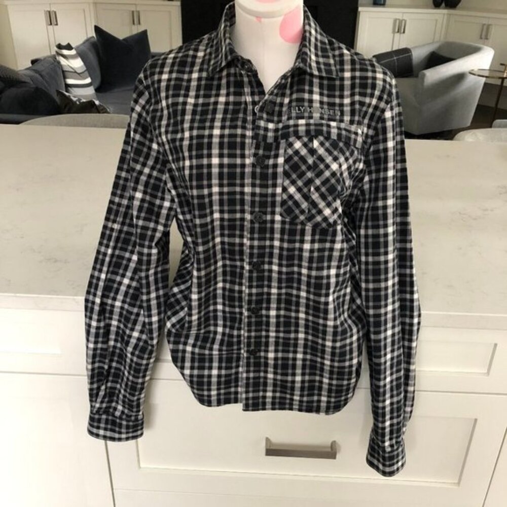Helly Hansen Casual Cozy Snap Down Cotton Plaid Shirt Black Grey White Sz S